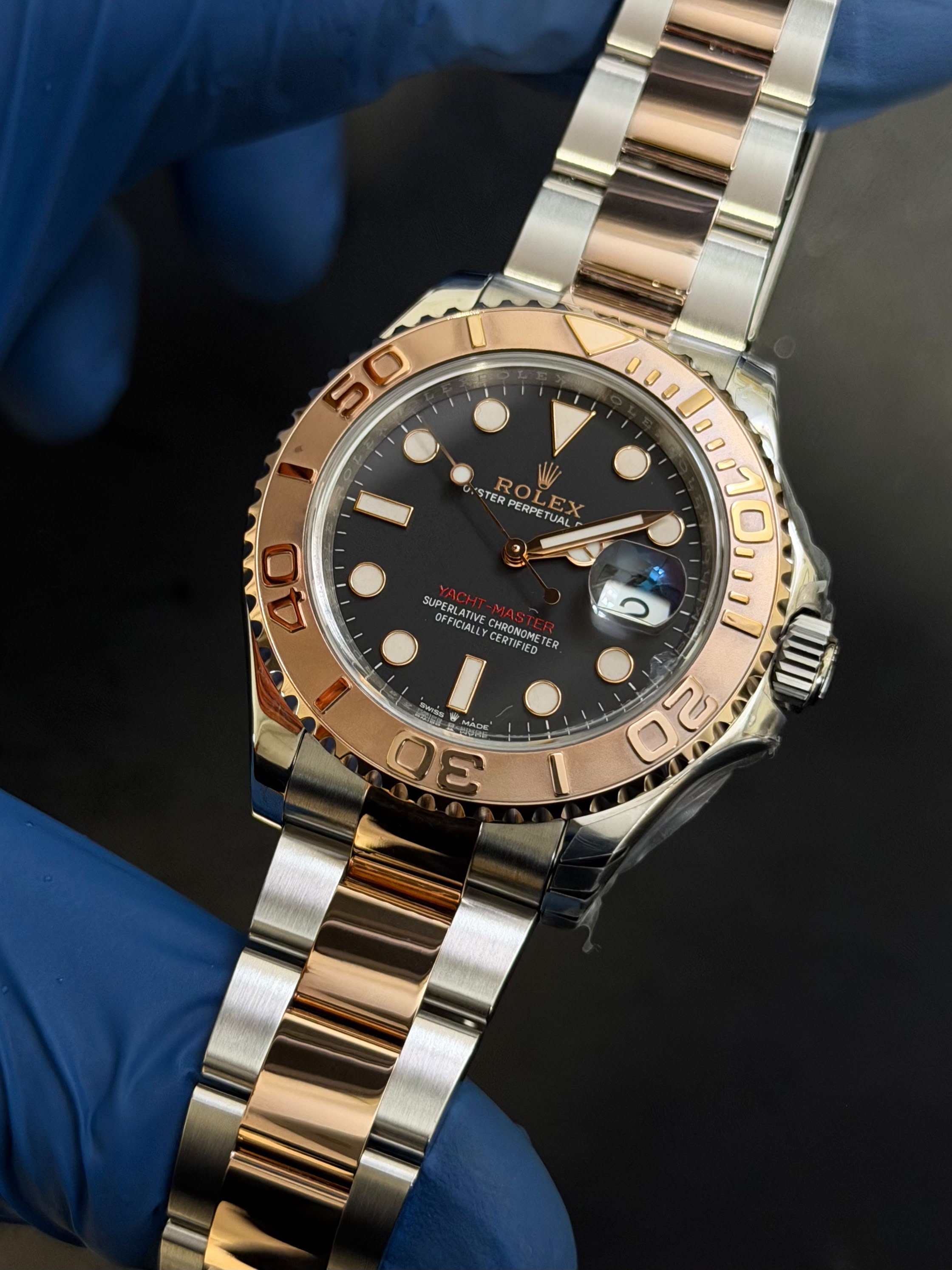 After: freshly replated Everose two-tone Yacht-Master with even tone and clean links