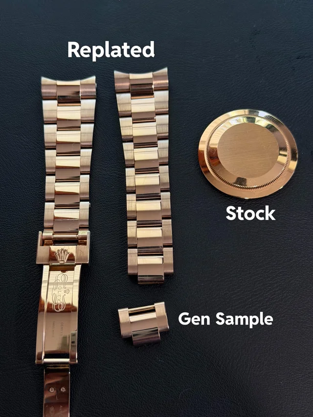 Replated rose gold bracelet and caseback shown beside a genuine rose gold reference sample and stock finish