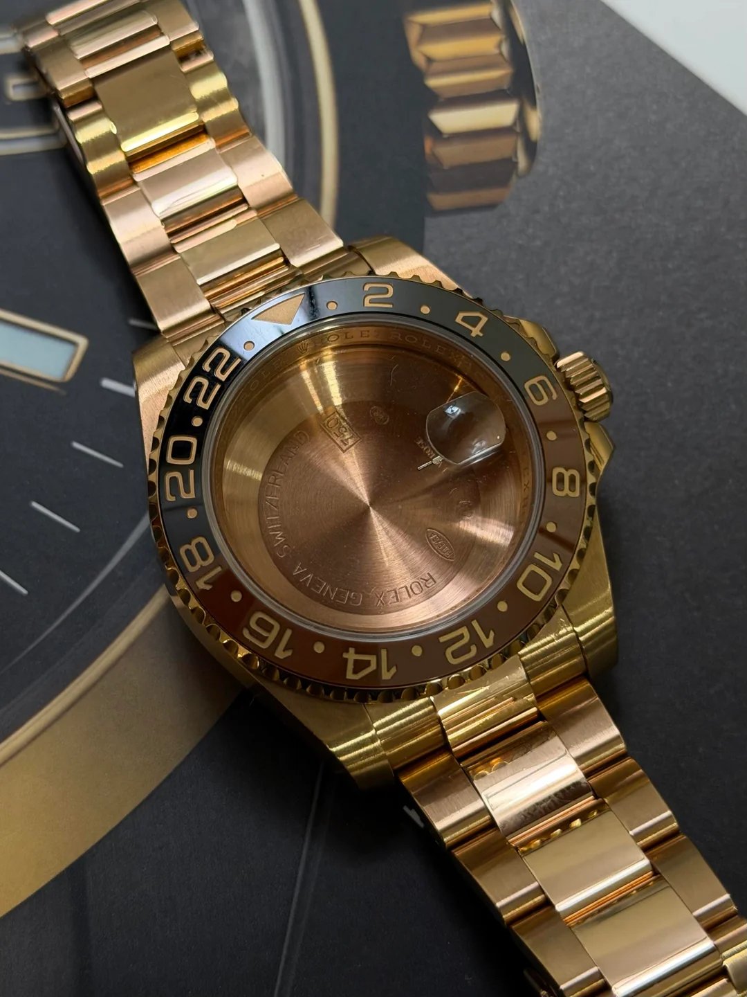 Rolex GMT-Master II in its original rose gold finish, before a Tone Change