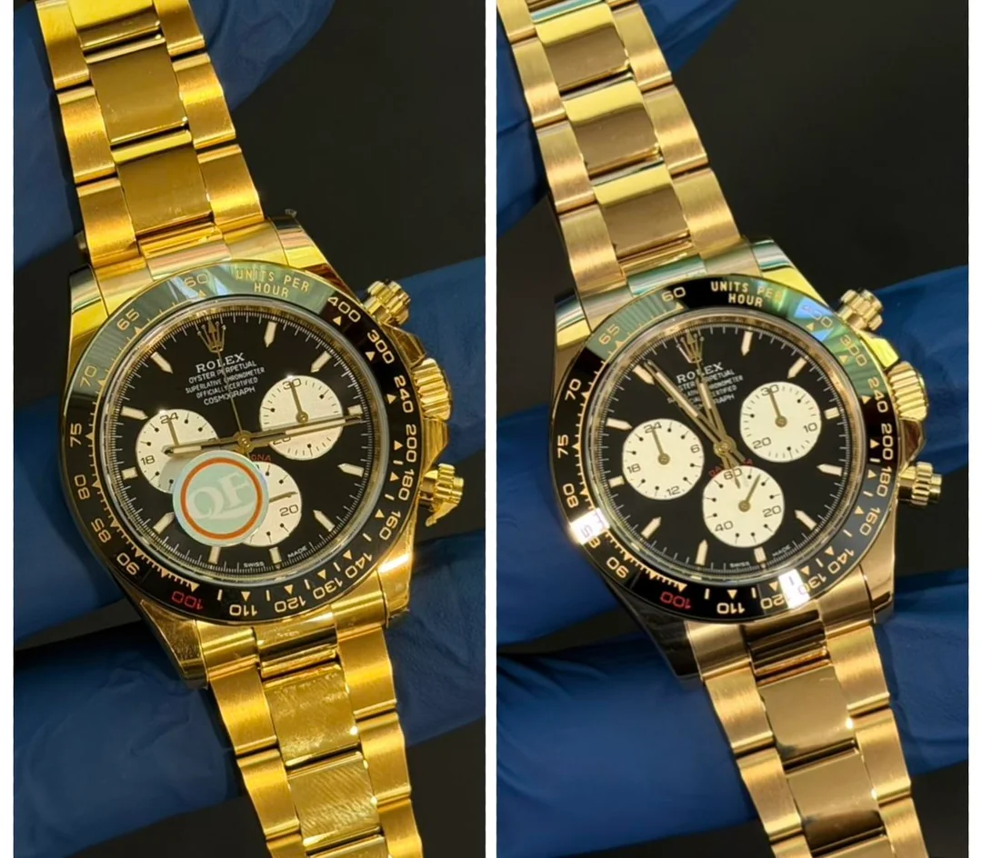 Two side-by-side yellow gold chronograph watches showing stock finish and replated finish